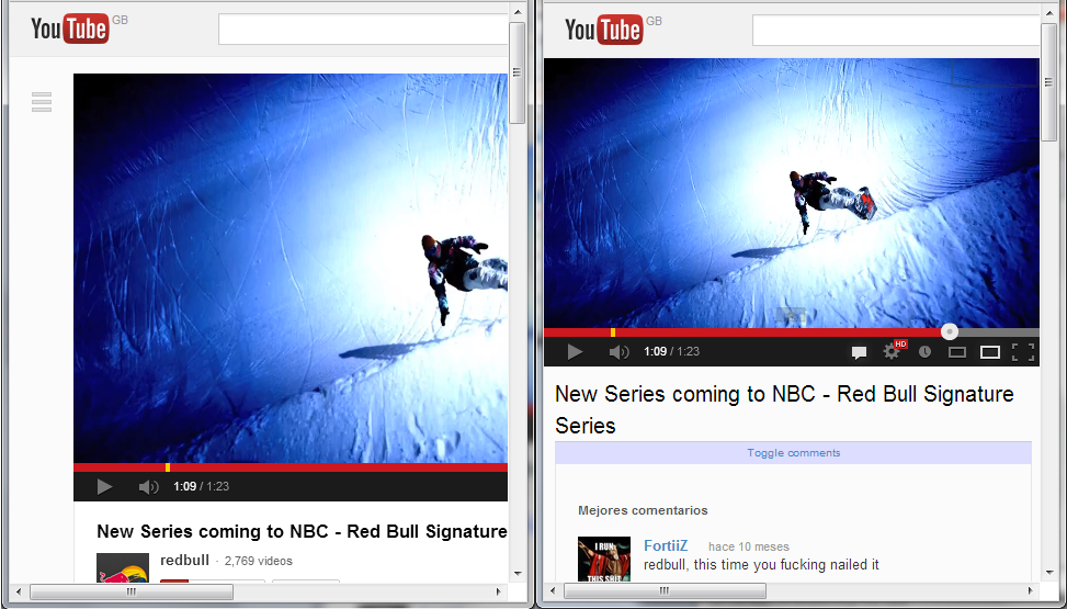 A before and after comparison of YouTube, shrunken to a smaller window.